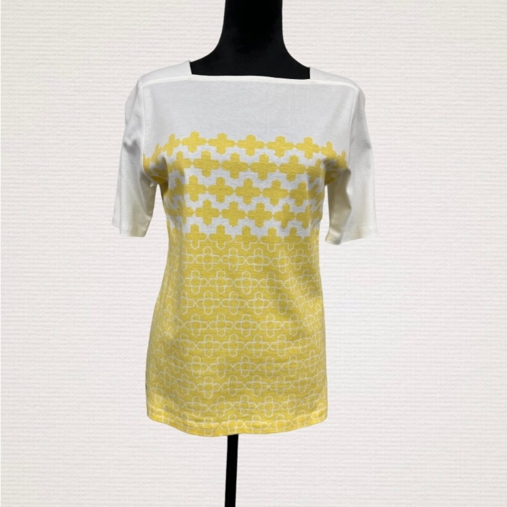 Croth & Barrow Women Top Small Yellow White Geometric T-Shirt Short Sleeve